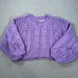 Mustard Seed Purple Cropped Cable Knit Sweater Women's Medium Oversized Sleeves